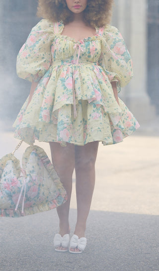 PUFF FLORAL MINI DRESS IN BUTTER