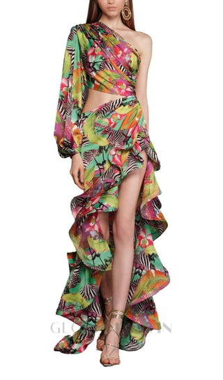 ONE SHOULDER RUFFLR TRIM PRINTED MAXI DRESS