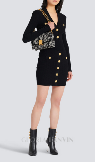 TARA BLACK SHORT KNITTED MINI DRESS WITH GOLD BUTTONS