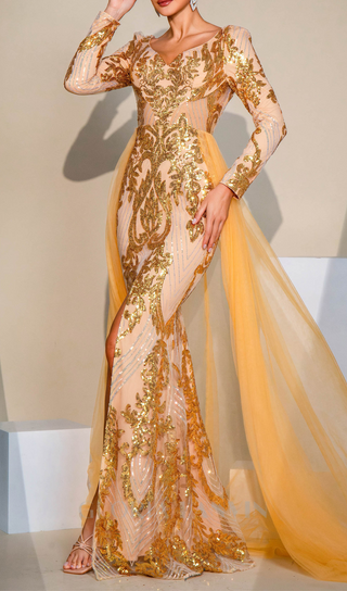 Long Sleeve Split Gold Sequin maxi Dress