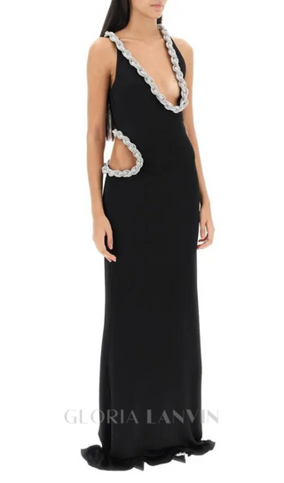 Crystal Braided Rope Cut-Out Maxi Dress in black