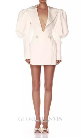 EDWINA WHITE V-NECK PUFFY BLAZER DRESS