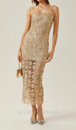 AGNES GOLD LACE CROCHET CUTOUT MIDI DRESS