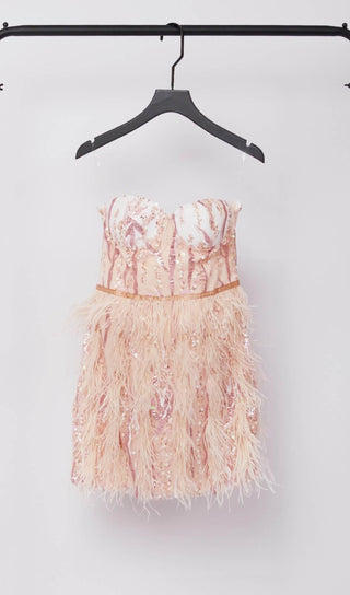 SEQUIN FEATHER MINI DRESS IN PINK