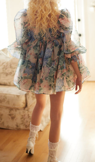 PUFF LONG SLEEVE FLORAL MINI DRESS