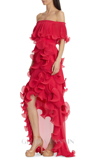 DORA ROSE RED OFF-SHOULDER PLEATED ORGANZA MAXI DRESS