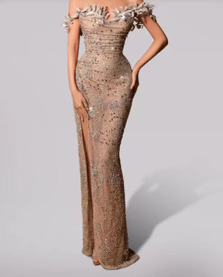 CRYSTAL LEAF EMBELLISHED SEQUIN MAXI DRESS IN PALE BROWN