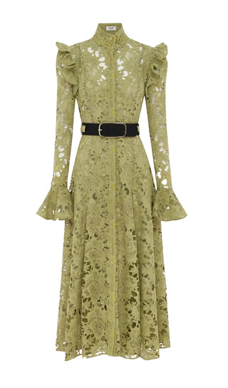 LACE BUTTERFLY SLEEVE MIDI DRESS IN OLIVE