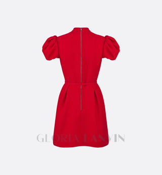 puff sleeve pleated mini dress in red (without black belt)