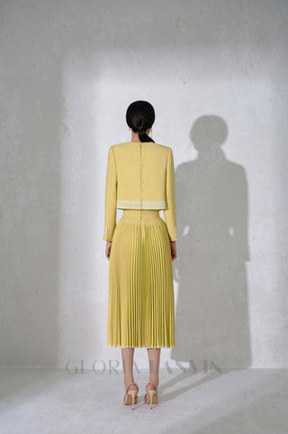 draped top pleat skirt set in yellow