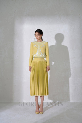 draped top pleat skirt set in yellow