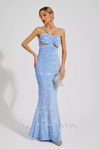 MARIAN BLUE CUTOUT SEQUINS HALTER MAXI DRESS