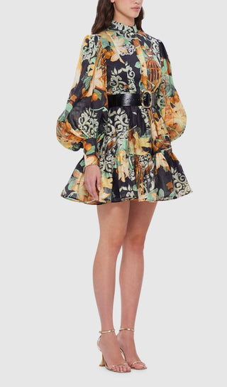 AZALEA PRINT IN TWILIGHT BELTED MINI DRESS