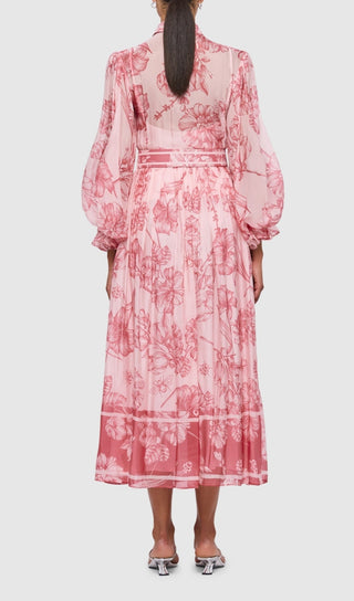 HARMONY PRINT IN PLUM BLOSSOM TIE NECK MIDI DRESS