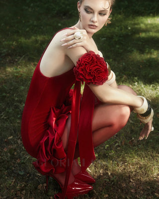 flower trim sleeveless mini dress in red