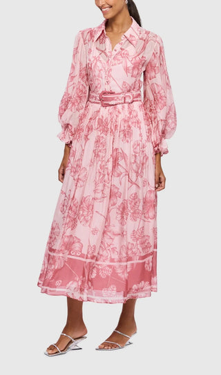 HARMONY PRINT IN PLUM BLOSSOM TIE NECK MIDI DRESS