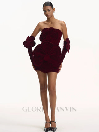 Flower-embellished Velvet Mini Dress in burgundy