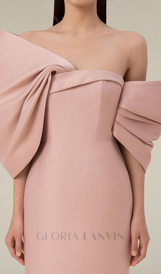 OFF SHOULDER RUCHED MIDI DRESS IN PINK