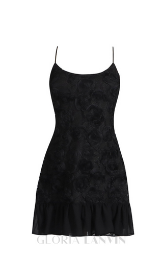 FLORAL APPLIQUÉ PLEATED HEM MINI DRESS IN BLACK