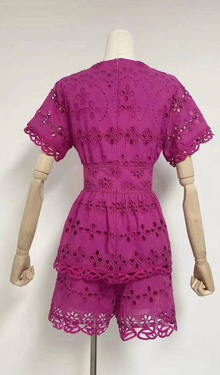 MAGGIE PURPLE LAYERED CUT OUT LACE TOP SHORTS SUIT