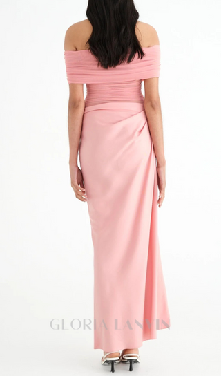 Reanko Off Shoulder Ruched Mesh Maxi Dress in Pink