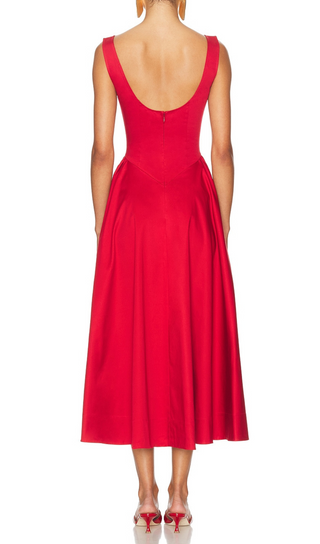 Stretch Cotton Sateen Midi Dress in red