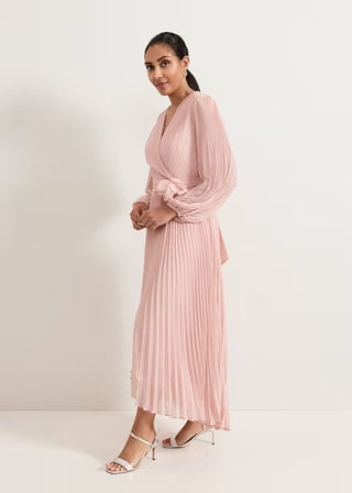 lantern sleeve pleated maxi dress in pale pink