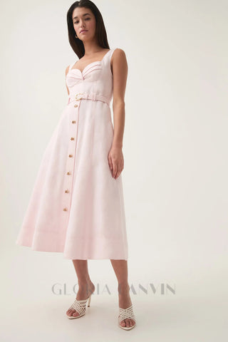 sweetheart neckline belted midi dress in pink