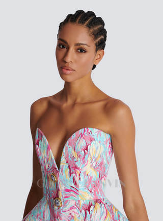 STACEY MULTICOLOR FEATHER PRINT PEPLUM BUSTIER MINI DRESS