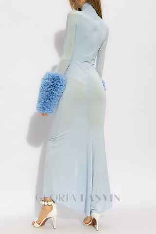 MICHELLE RUFFLED TURTLENECK MAXI DRESS IN PALE BLUE