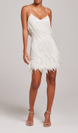 WHITE TASSEL FEATHER MINI DRESS