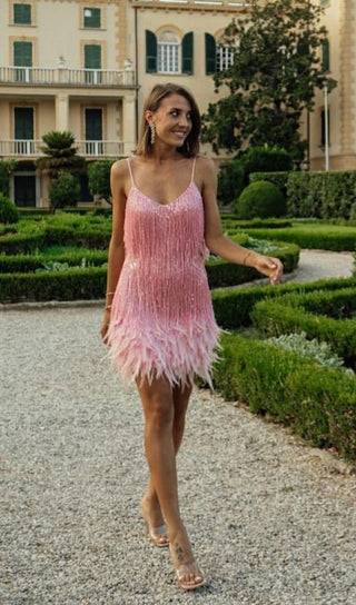 PINK TASSEL FEATHER MINI DRESS