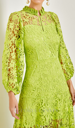 TARA GREEN LACE EMBROIDERED LONG SLEEVE MIDI DRESS