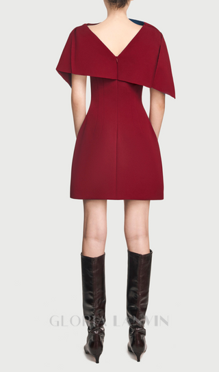 A-line burgundy mini dress with asymmetrical shoulder pleat