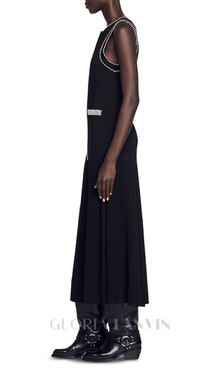 SALOME BEADED TRIM SLEEVELESS KNIT BLACK MIDI DRESS