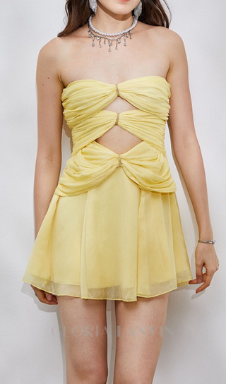 CUT-OUT PLEATED OFF-SHOULDER MINI DRESS IN YELLOW