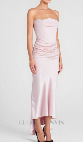 strapless satin corset maxi dress in pink