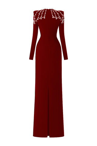 long sleeve trapezoid neckline bodycon  maxi dress in red