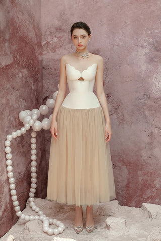 two-tone Hollow tube top tulle midi dress