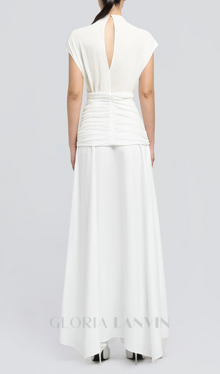 white Waist cross pleats midi dress with asymmetric hemline