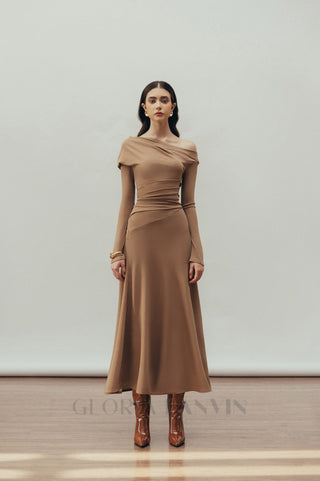 Aria Draped maxi Dress in Hazelnut