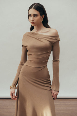 Aria Draped maxi Dress in Hazelnut