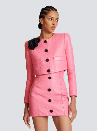 PINK QUILTED CROPPED LEATHER JACKET