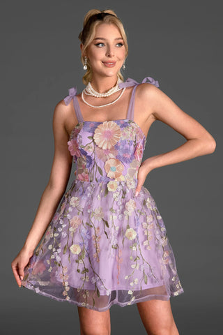 PURPLE 3D FLOWER LACE EMBROIDERED DRESS