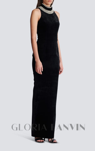 embroidered velvet halterneck maxi dress in black