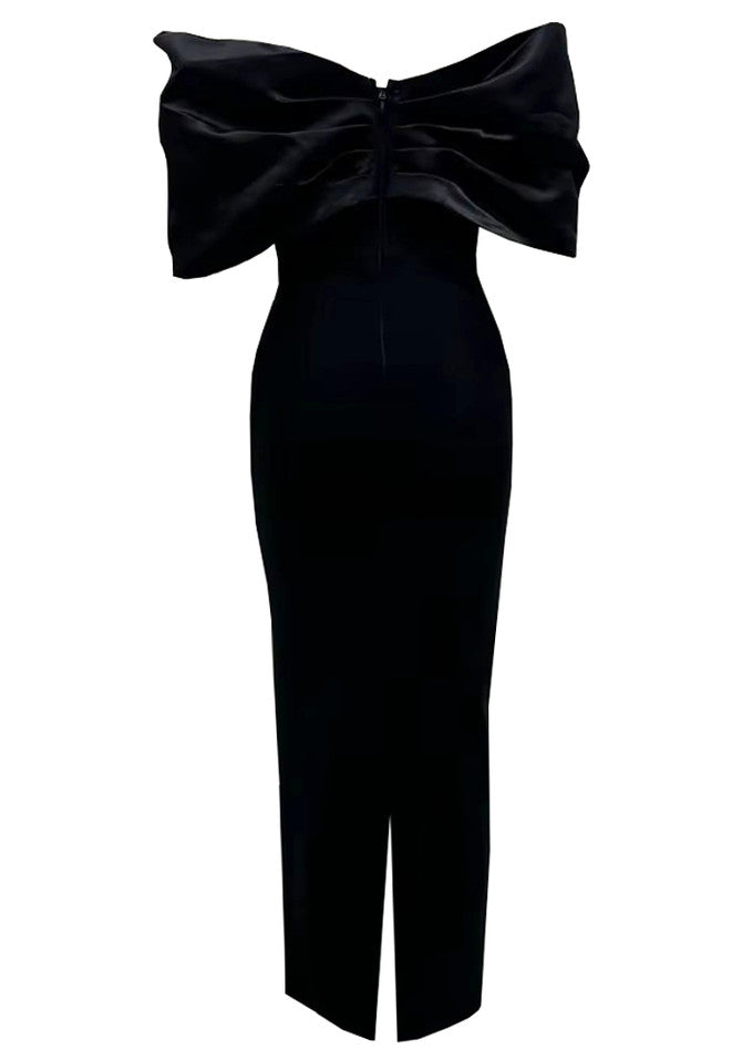 Robe longue noire drapée à ourlet bardot et détails en cristal