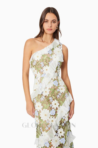 Floral One Shoulder Lace Maxi Dress in Green