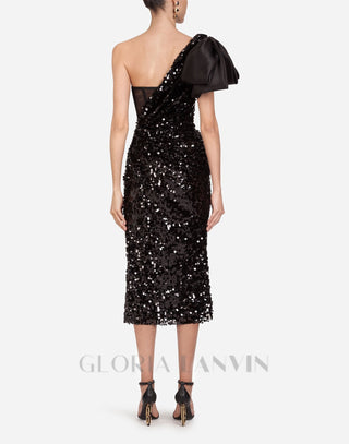 MARY BLACK SEQUINED LONGUETTE DRESS WITH BOW