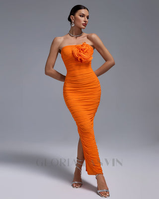 ORANGE OPEN BACK RUCHED FLOWER BODYCON MAXI DRESS