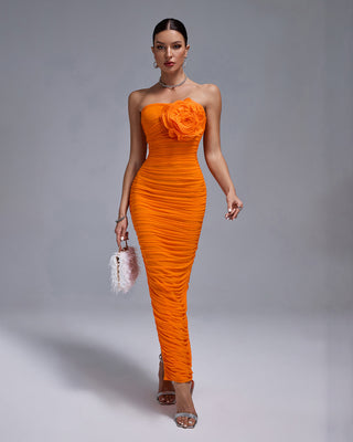 ORANGE OPEN BACK RUCHED FLOWER BODYCON MAXI DRESS